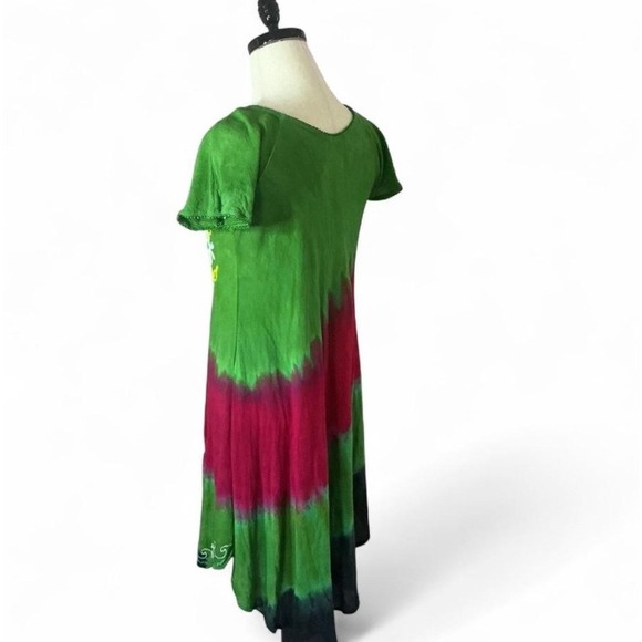 Embroidered Tie Dye Dress Green Pink Floral Short Sleeve Casual - Picture 3 of 5